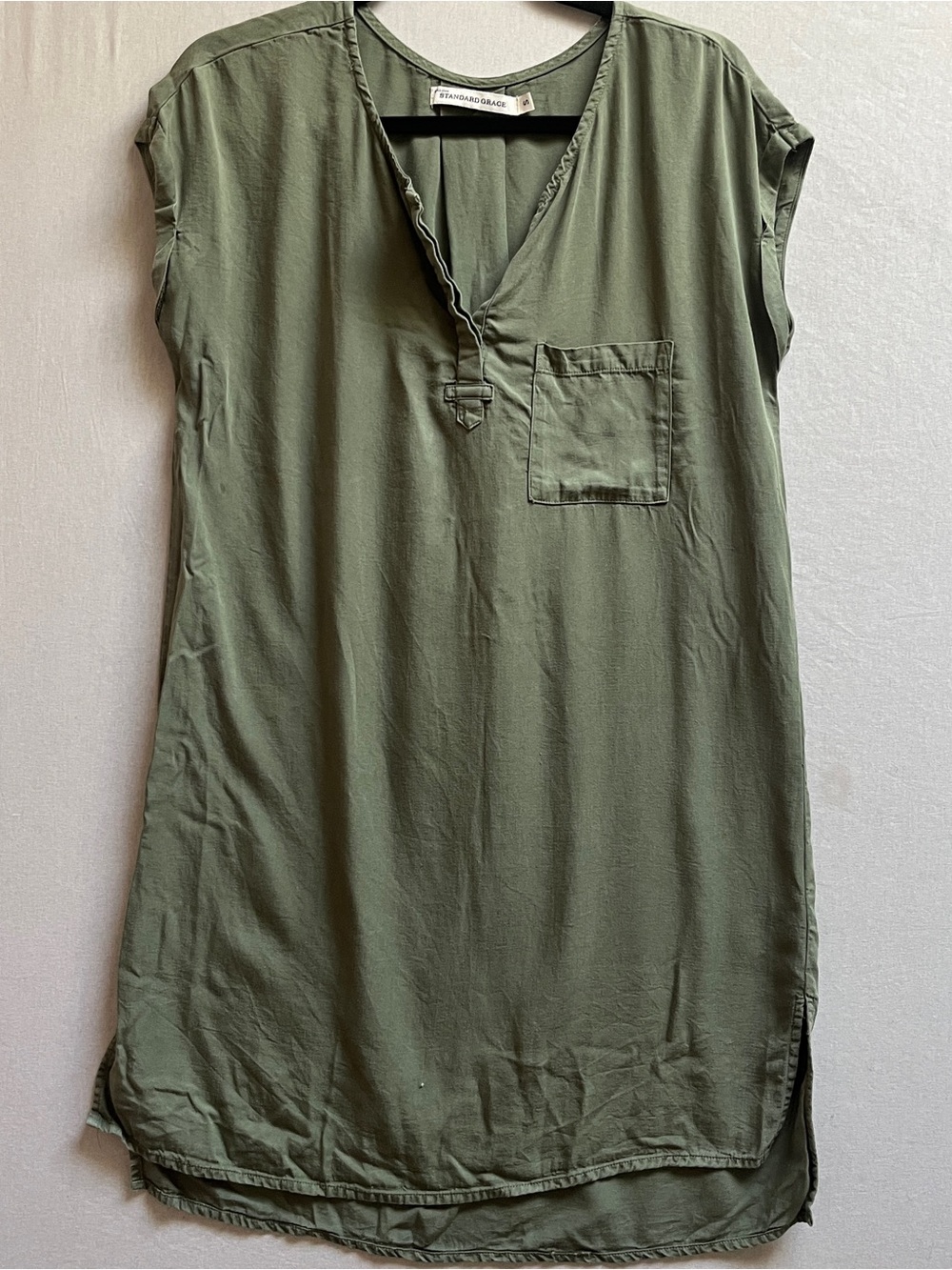 Standard Grace Olive Green V-Neck Pocket Tunic Dress Womens Size S